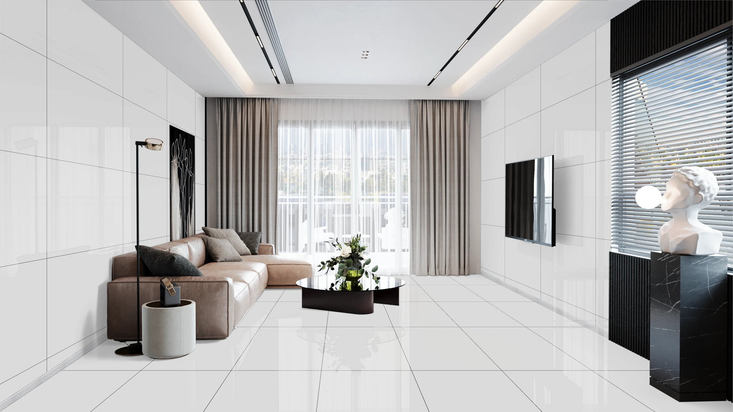 Poliruotos baltos plytelės akmens masės grindims ir sienoms, atsparios karščiui ir šalčiui.