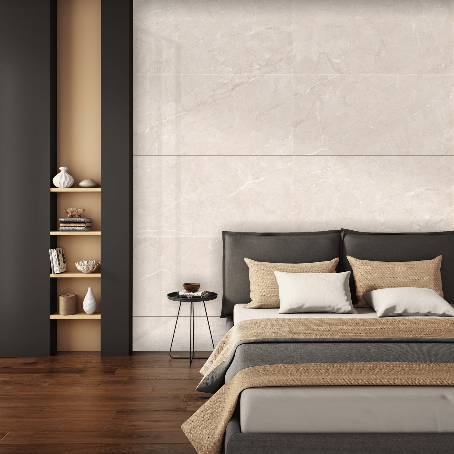 Poliruotos akmens masės plytelės, PEI 4 atsparumo klasė, R9 slidumas, tinka vidaus ir lauko grindims, gelsvos spalvos, su raštais.