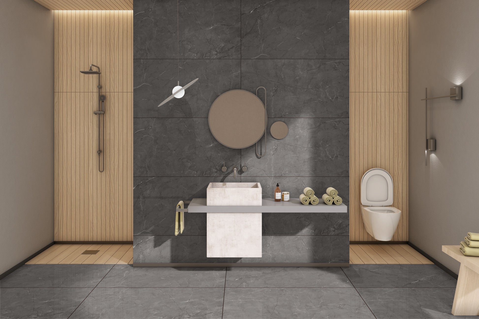 Poliruotos akmens masės plytelės, tinkamos vidaus ir lauko grindims, tamsiai pilkos spalvos, su raštais.