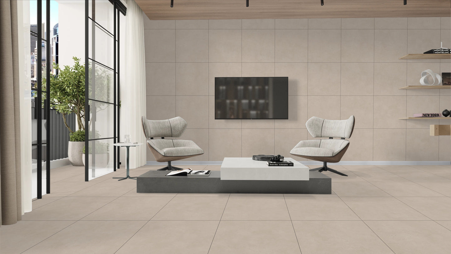 Kremine–beigės matinės akmens masės plytelės su R9 neslidumu.