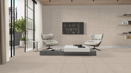 Kremine–beigės matinės akmens masės plytelės su R9 neslidumu.