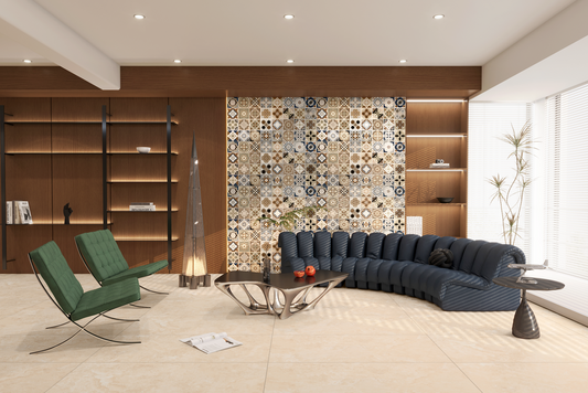 60x120 kreminės–beige akmens masės plytelės su Carving blizgesio efektu