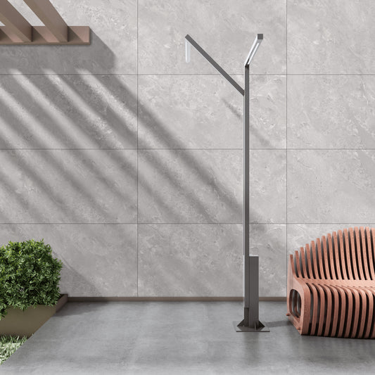 Matinės akmens masės plytelės, PEI 4, R9, tinka vidaus ir lauko grindims, pilkos spalvos, su raštu.