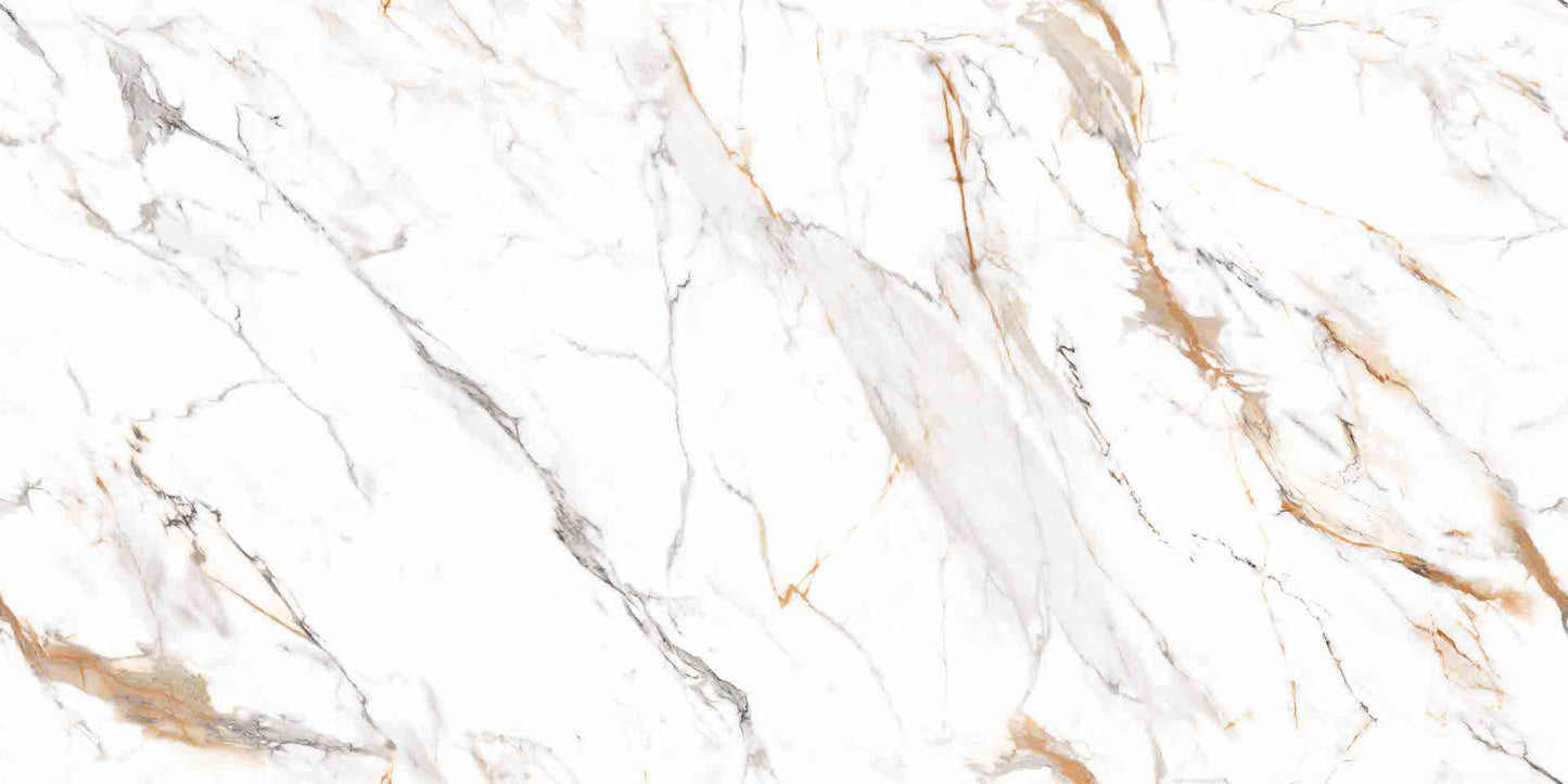 Baltos poliruotos plytelės su pilkais ir auksiniais raštais interjerui ir eksterjerui.