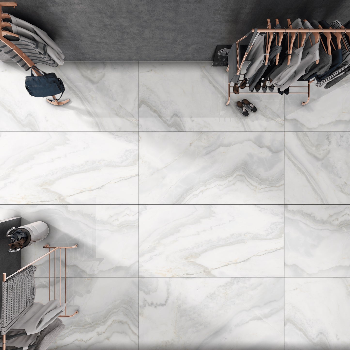 Baltos spalvos, su pilkais raštais akmens masės plytelė, poliruotas paviršius, atspari šalčiui/karščiui.