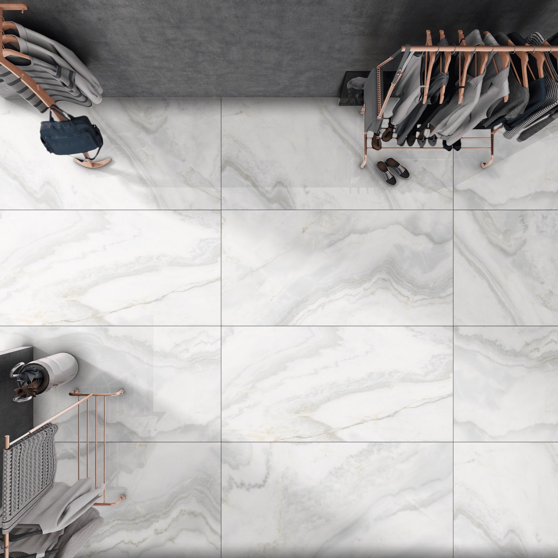 Baltos spalvos, su pilkais raštais akmens masės plytelė, poliruotas paviršius, atspari šalčiui/karščiui.