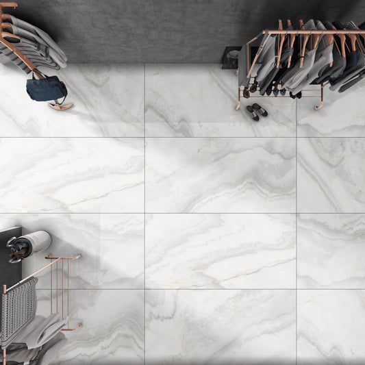 Baltos spalvos, su pilkais raštais akmens masės plytelė, poliruotas paviršius, atspari šalčiui/karščiui.