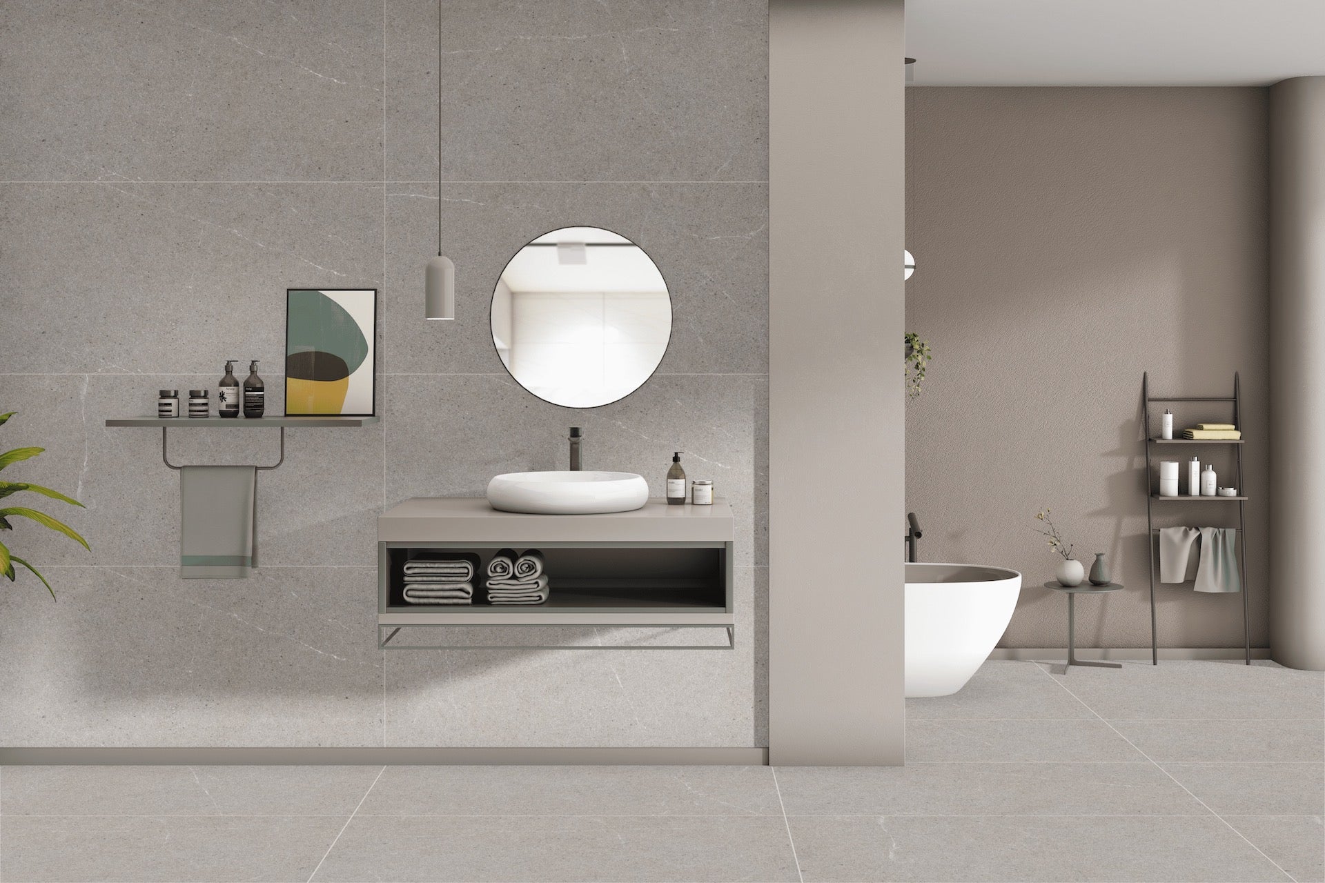 Pilkos matinės akmens masės plytelės su R9 slidumo klase.