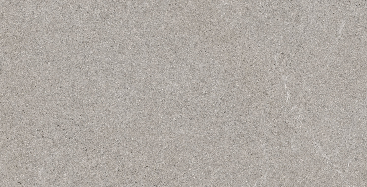 Pilkos spalvos plytelės su matine tekstūra.