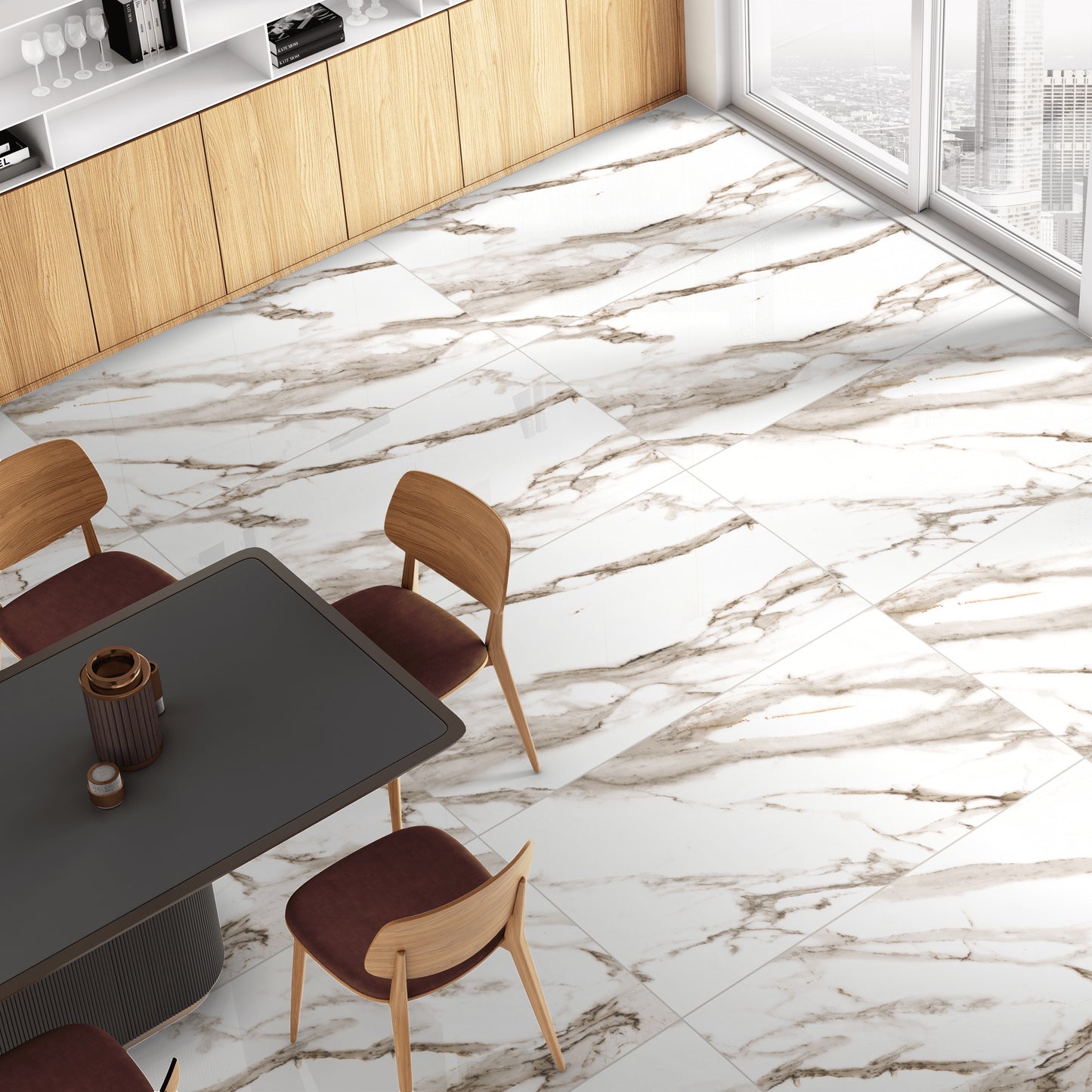 Poliruotos akmens masės plytelės, R9 slidumo klasė, atsparios šalčiui ir karščiui, baltos spalvos, su auskiniais raštais.