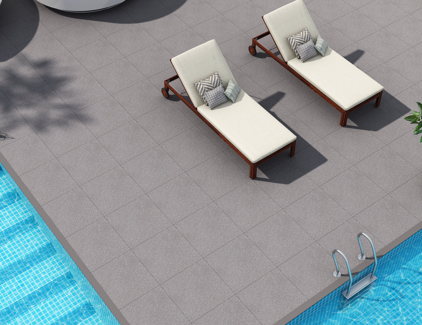 Pilkos fullbody struktūros akmens masės plytelės intensyvioms zonoms.