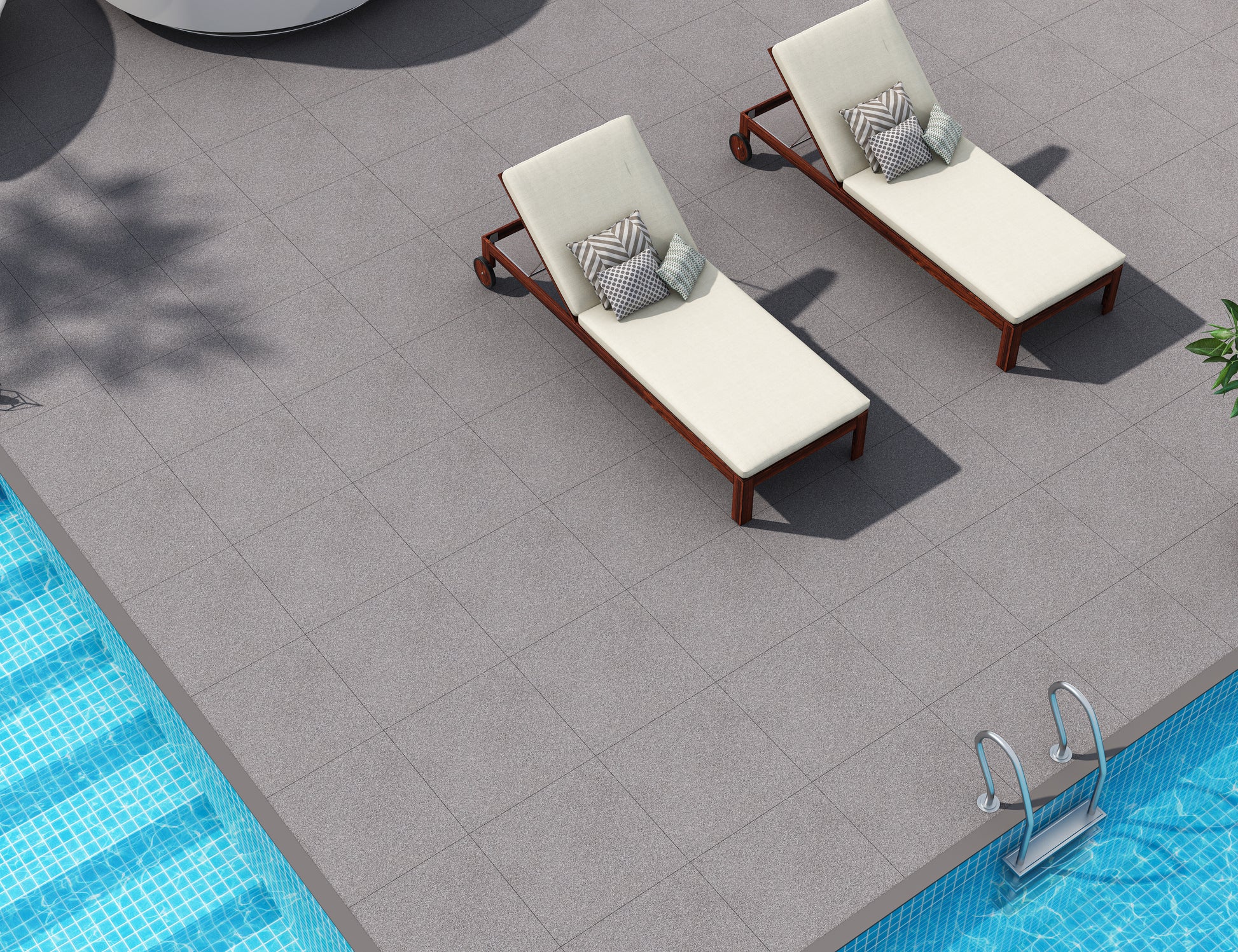 Pilkos fullbody struktūros akmens masės plytelės intensyvioms zonoms.