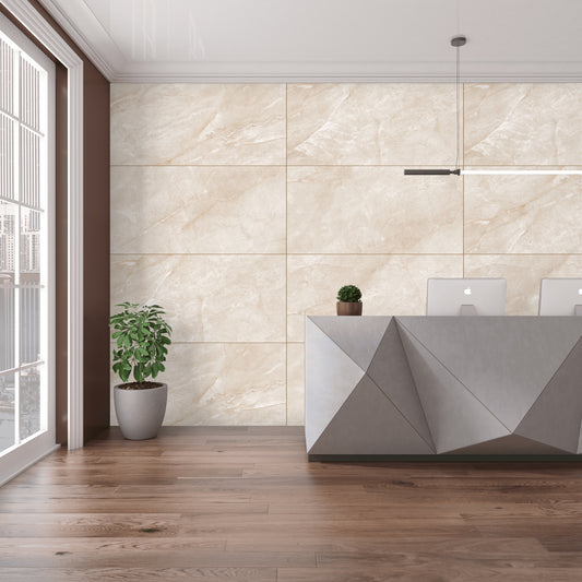 Poliruotos akmens masės plytelės, PEI 4 atsparumo klasė, R9 slydumo klasė, tinka vidaus ir lauko grindims, kreminės spalvos, su raštais.