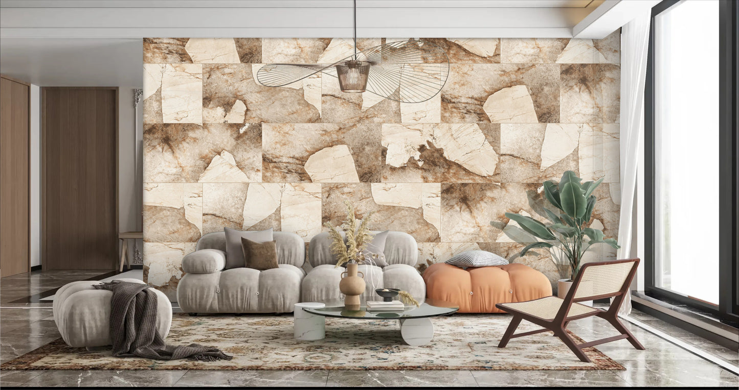 Poliruota 60×120 akmens masės plytelė su kreminiais, beige ir aukso raštais