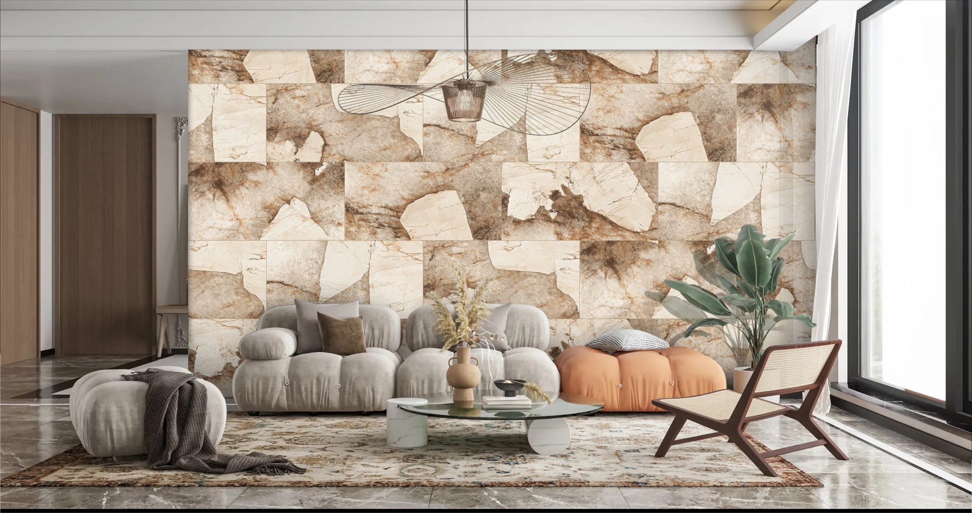 Poliruota 60×120 akmens masės plytelė su kreminiais, beige ir aukso raštais