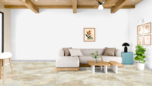 Poliruota 60×120 akmens masės plytelė baltos, auksinės ir pilkos spalvų derinyje