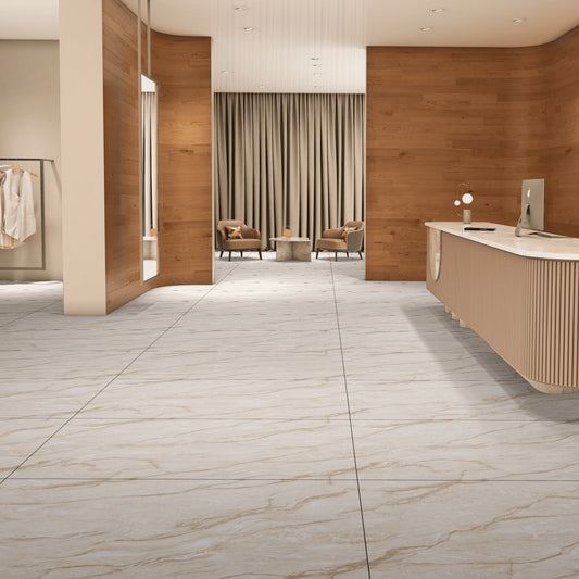 Kreminės–gelsvos matinės akmens masės plytelės su Carving blizgesio efektu, PEI 4.