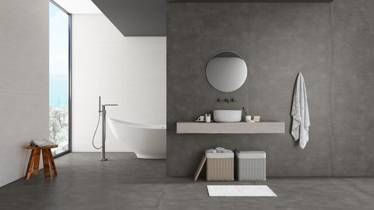 Akmens masės matinės plytelės PEI 4, tinkamos įvairioms grindų zonoms, pilkos spalvos.