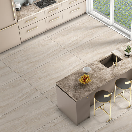 Pilkai gelsvos spalvos matinės akmens masės plytelės PEI 4.