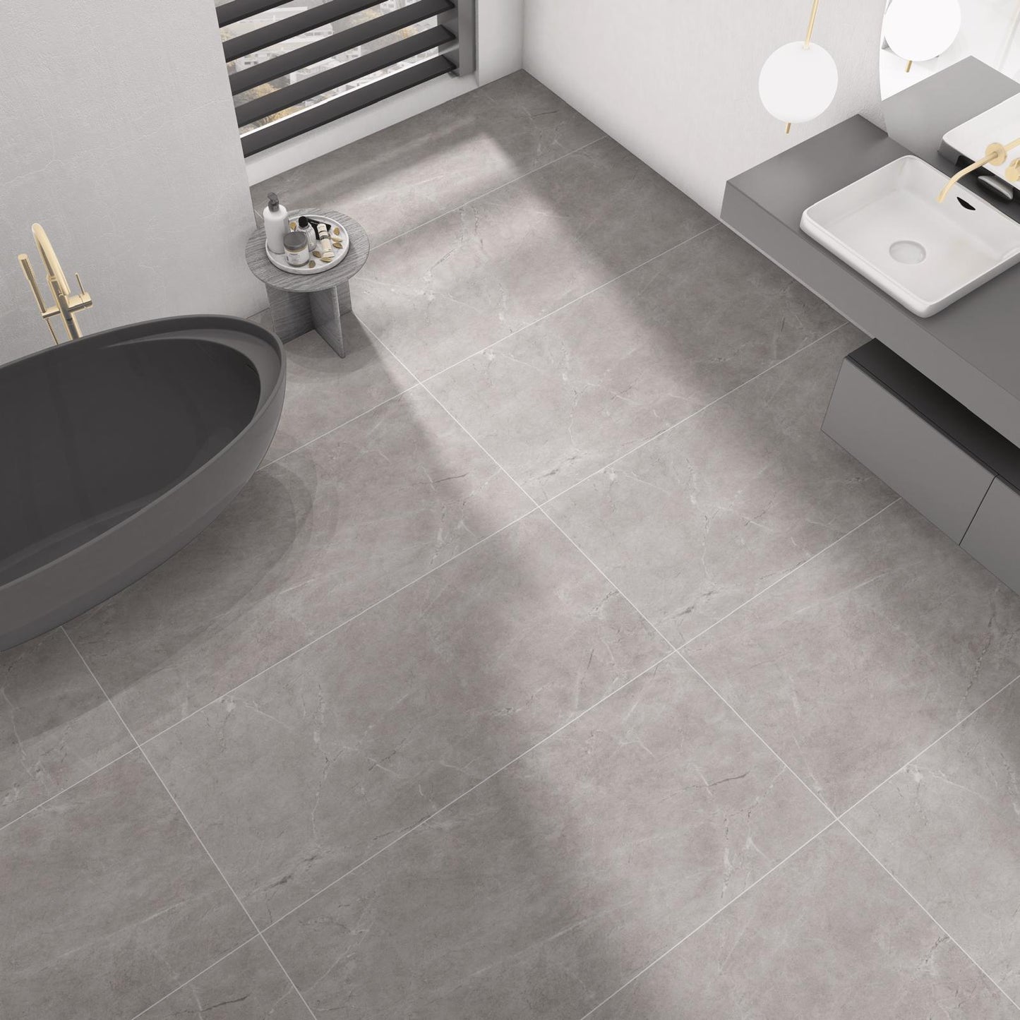 Pilkos matinės akmens masės plytelės, R9 klasės.