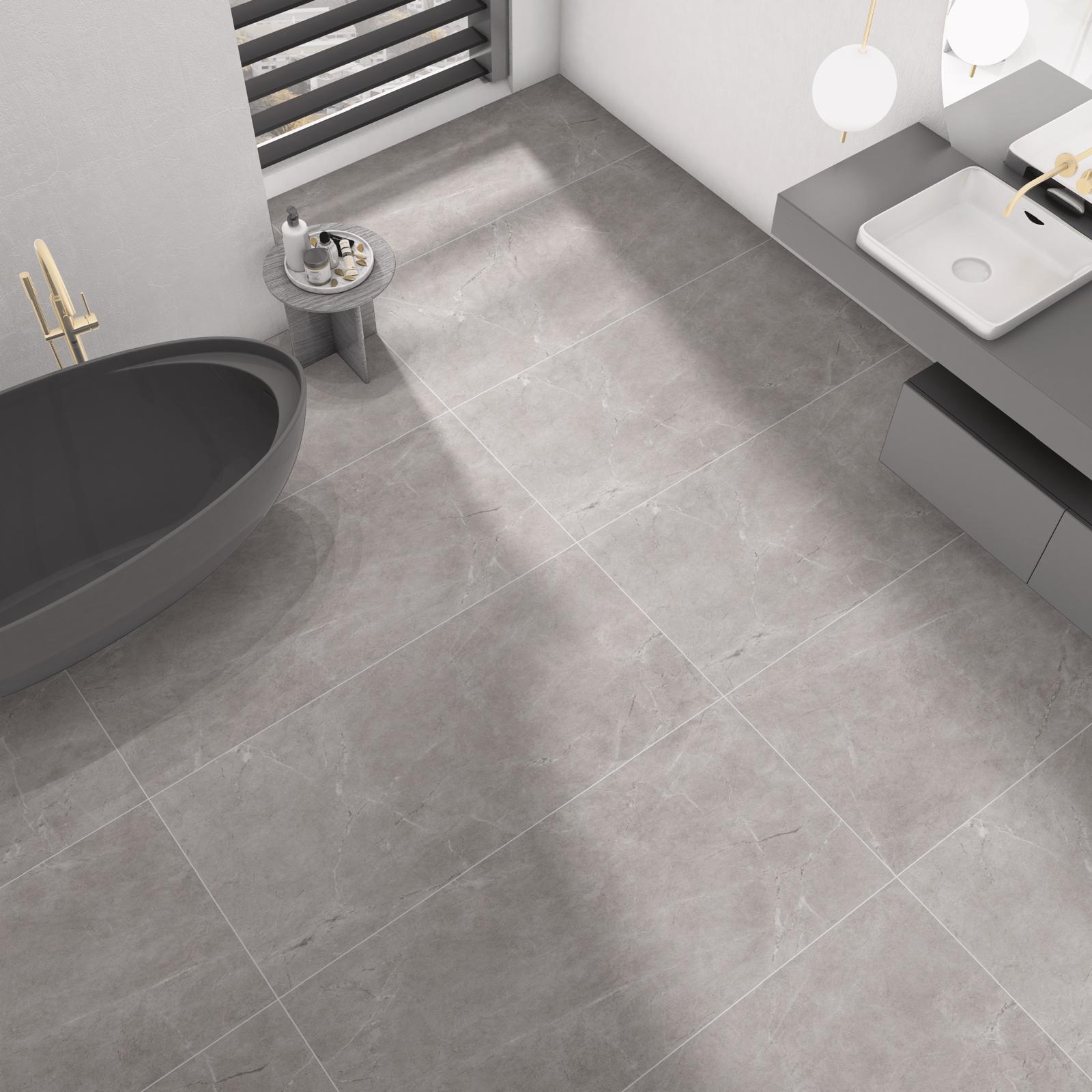 Pilkos matinės akmens masės plytelės, R9 klasės.