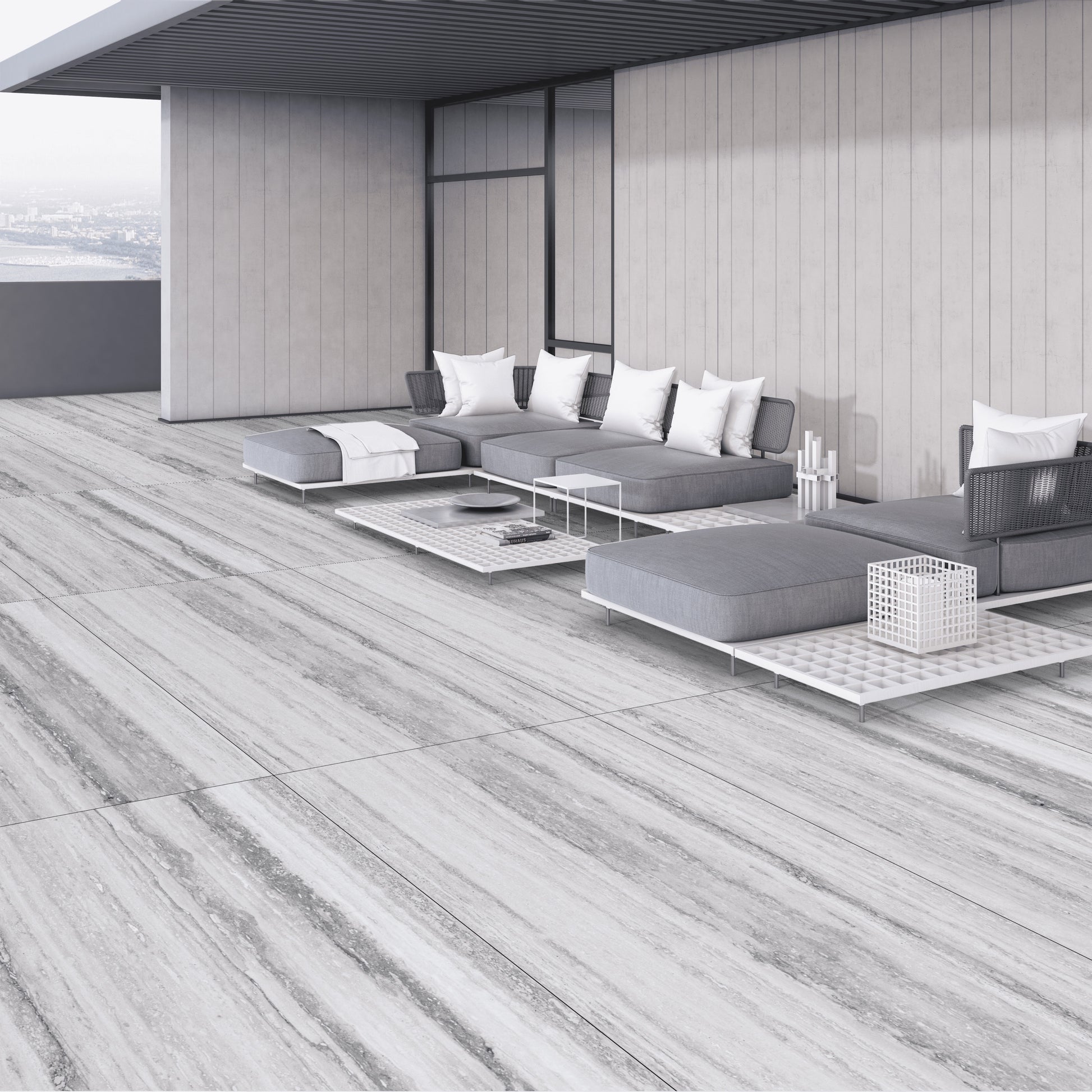 Pilkos spalvos matinės akmens masės plytelės PEI 4, tinkamos grindims.